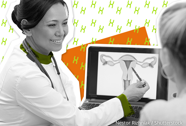 Frauenärztin zeigt am Laptop eine Abbildung der inneren weiblichen Geschlechtsorgane 